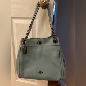 Coach Edie Turnlock Blue Leather Shoulder Bag Gunmetal Accents